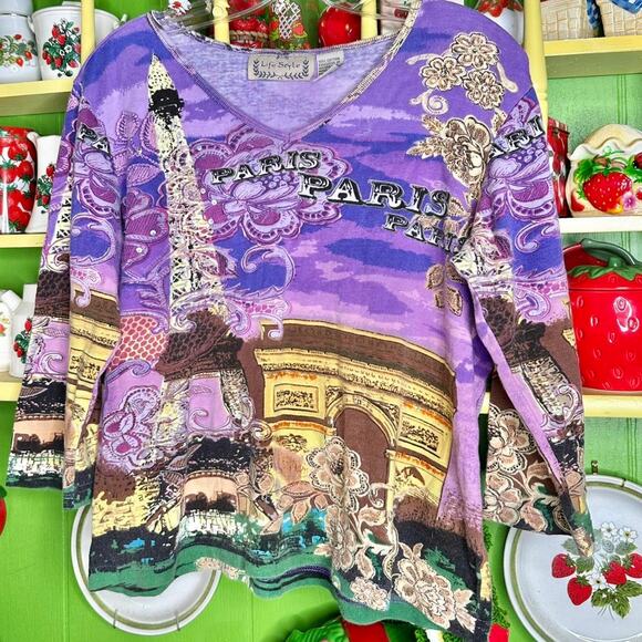 Vintage y2k purple sequenced Paris eiffel tower graphic cyber print blouse - Picture 2 of 6
